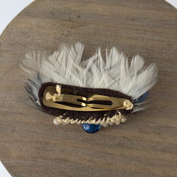 Genuine Feather Hair Clip Handmade Blue White Flapper Peacock Snap Barrette 20s - Picture 2 of 5